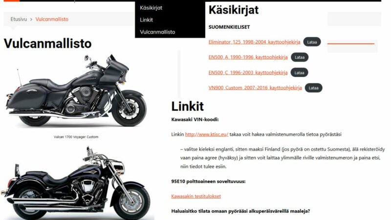 Vulcanriders Finlandin verkkosivujen valikkoja päivitetty