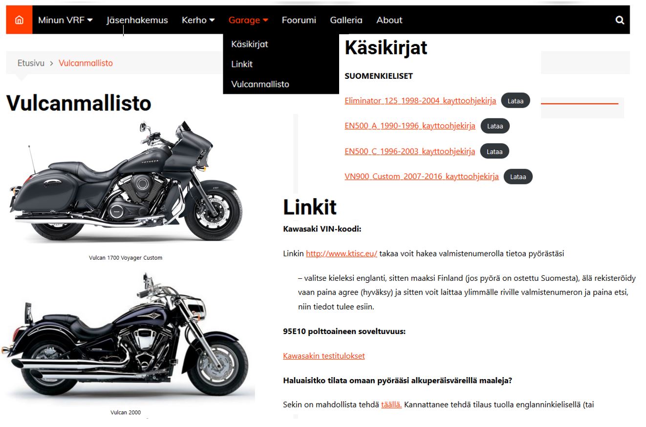 Vulcanriders Finlandin verkkosivujen valikkoja päivitetty