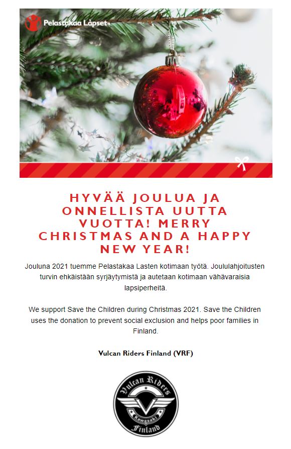 Vulcan Riders Finland tukee Jouluna 2021 Pelastakaa Lasten kotimaan työtä