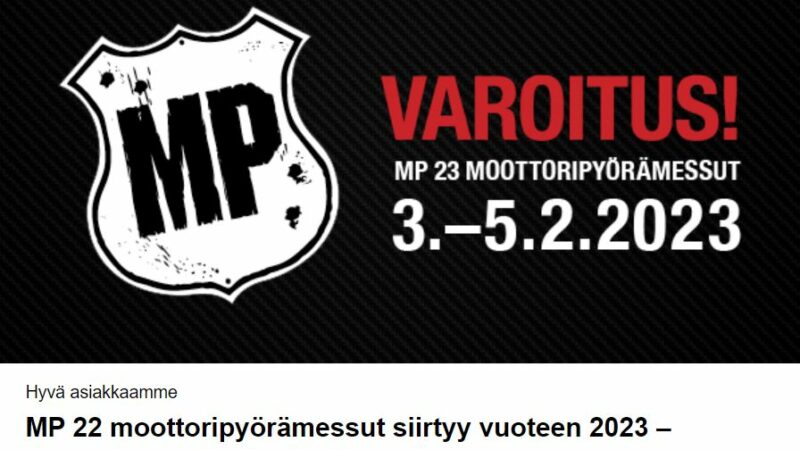 MP 22 moottoripyörämessut siirtyy vuoteen 2023