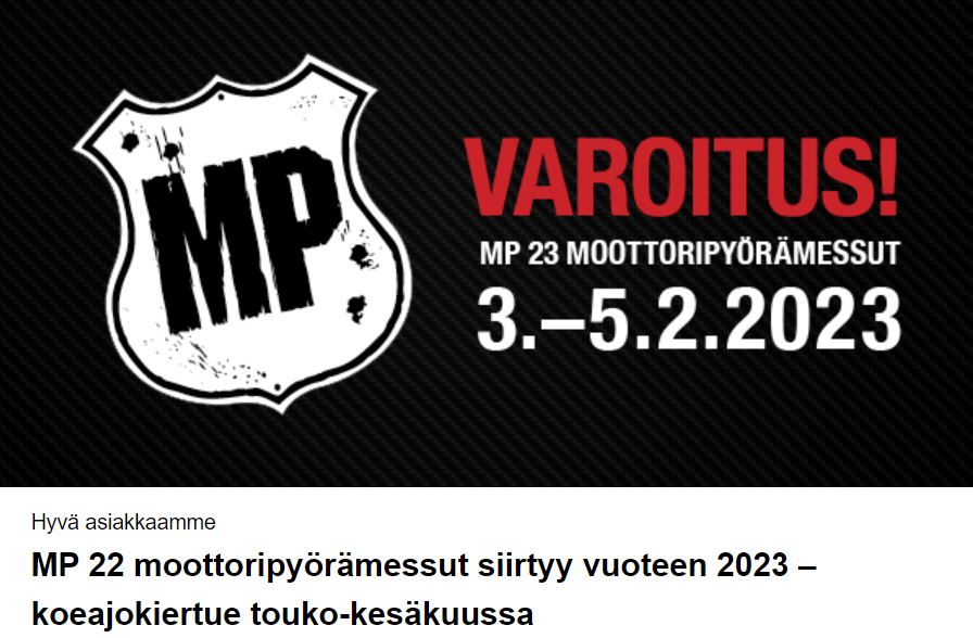 MP 22 moottoripyörämessut siirtyy vuoteen 2023